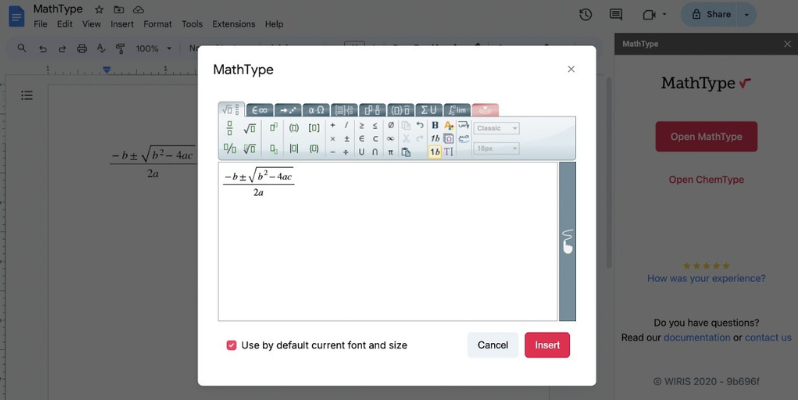 Giao diện MathType 6.9 trên Google Docs