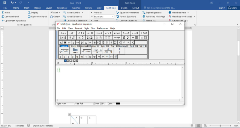 Giao diện MathType 6.9 trên Word