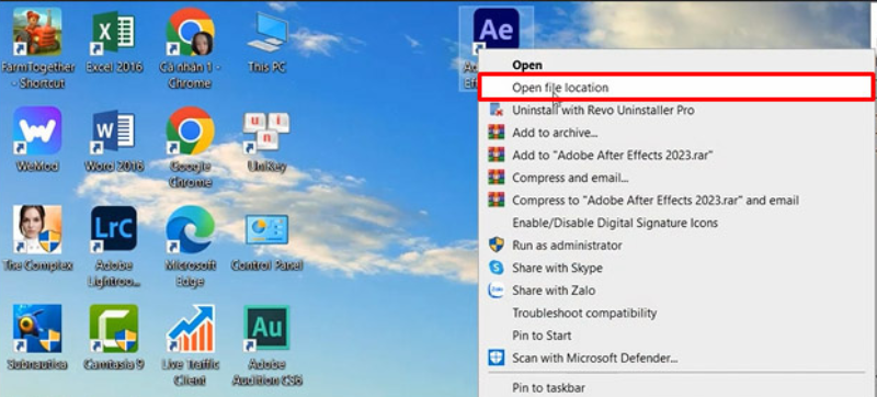 Mở vị trí file cài đặt After Effects 2023