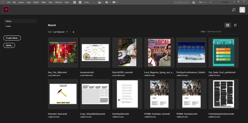 Giao diện phần mềm InDesign phiên bản 2019